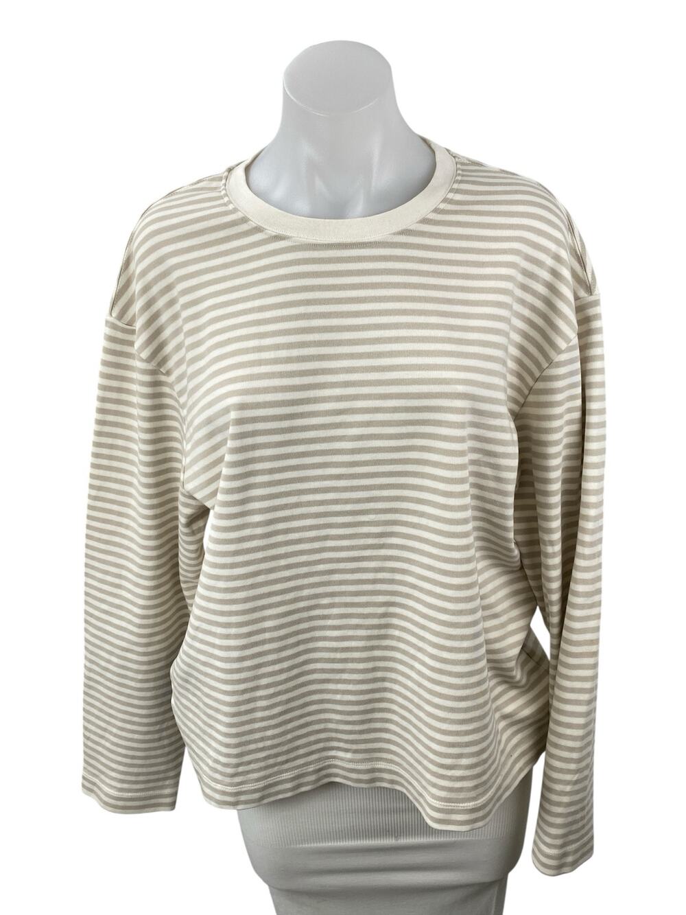 Zara Women's White Gray Striped Crew Neck Long Sleeve Sweatshirt Sweater Top L